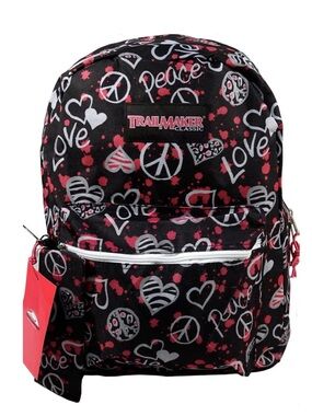 TrailMaker Classic Black Pink Peace & Love Backpack Padded Adjustable Straps NEW